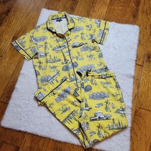 Katie Kime Pajama Set Women's XL New York City Toile Cotton Short Sleeve Yellow